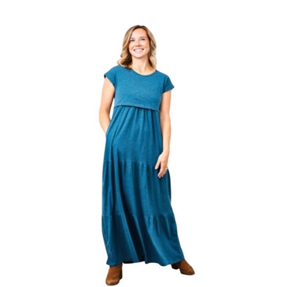 Latched Mama Nursing Maxi Dress Size M NWT Cotton Blend Tiered Blue Short Sleeve - Picture 1 of 13